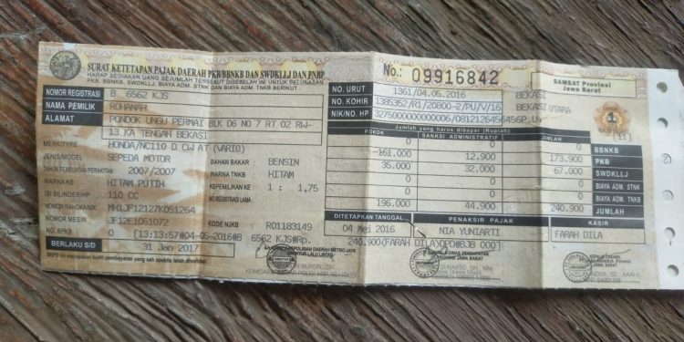 Kehilangan Sebuah BPKB Honda Vario B 6562 KJS
