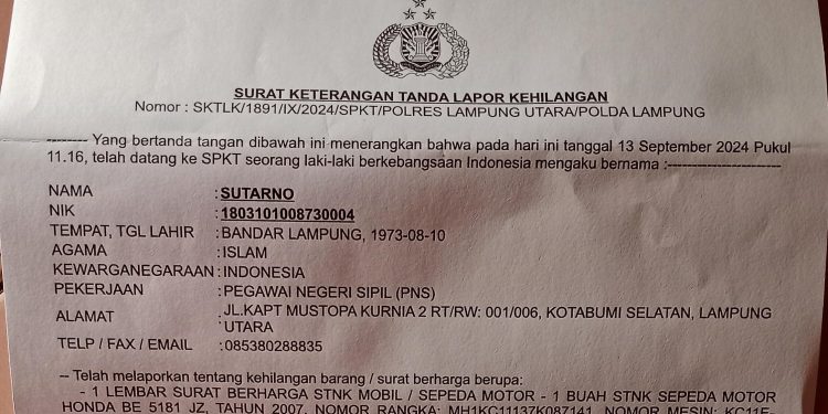 Telah Kehilangan Dua Buah STNK BE 5181 JZ dan BE 4187 JZ