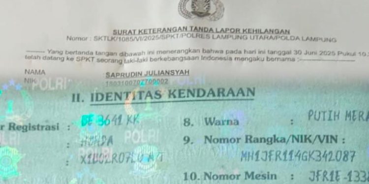 STNK Sepeda Motor Honda Beat Hilang di Lampung Utara, Berikut Rincian dan Nomor Laporan Polisi