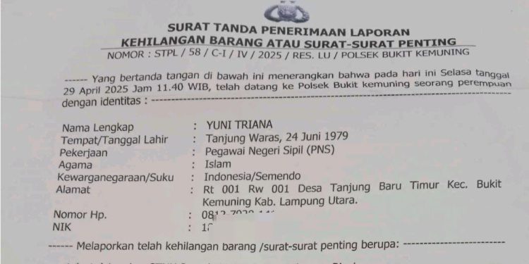 Telah Hilang STNK di Lampung Utara Nomor Plat Kendaraan BE 4305 JZ