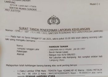 Telah Hilang Tercecer STNK Mobil BE 1954 JZ di Lampung Utara