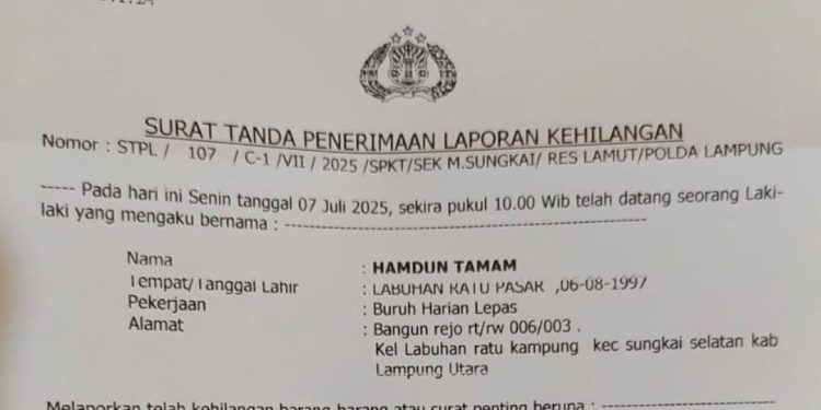 Telah Hilang Tercecer STNK Mobil BE 1954 JZ di Lampung Utara
