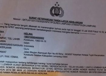 Telah Hilang Tercecer STNK Motor BE 4628 JO di Lampung Utara