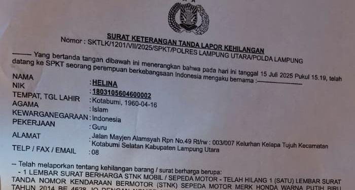 Telah Hilang Tercecer STNK Motor BE 4628 JO di Lampung Utara