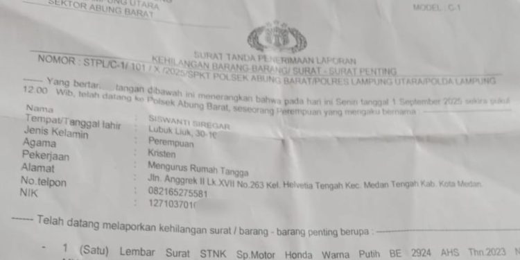 Telah Hilang STNK Honda Plat BE 2924 AHS di Lampung Utara