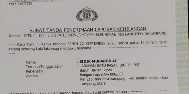 Kehilangan STNK BE 6456 JZ