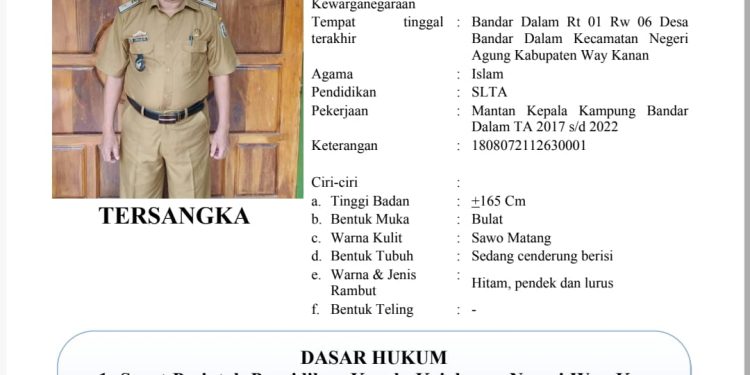 Kejaksaan Negeri Way Kanan Tetapkan Mantan Kepala Kampung Bandar Dalam Sebagai Tersangka DPO Korupsi Dana Desa
