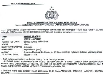 Telah Hilang 1 Buah STNK Sepeda Motor BE 4291 KC