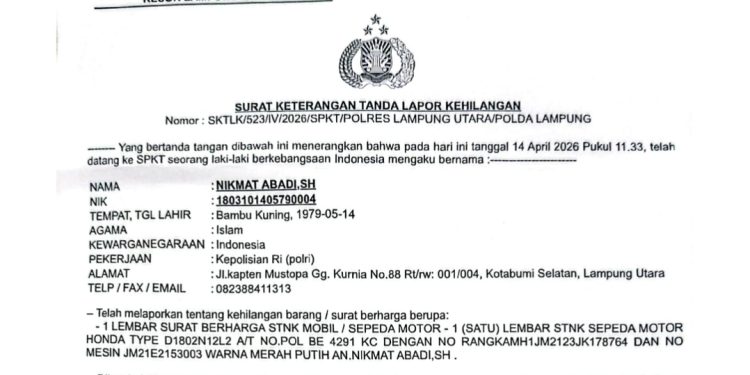 Telah Hilang 1 Buah STNK Sepeda Motor BE 4291 KC