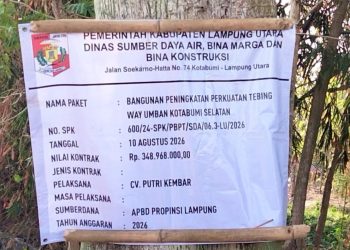 Diduga Gunakan Material Bekas, Proyek Perkuatan Tebing Way Umban Senilai Rp348 Juta Disorot